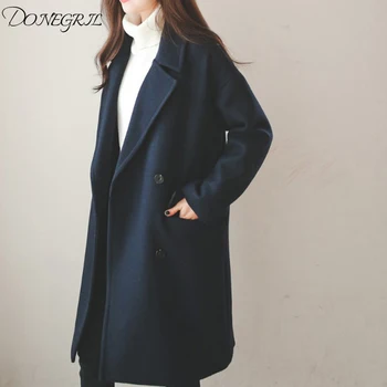 

2019 autumn winter new loose woolen coat female Korean version of the double-breasted loose large size was thin thickening coat