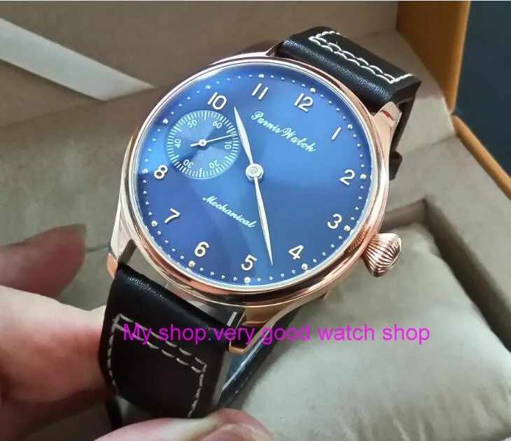 

44mm PARNIS blue dial 17 jewels Asian 6497/3600 Mechanical Hand Wind movement men's watch Rose gold case Mechanical watch 326A
