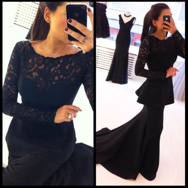 Sexy Black Lace Long Sleeve Mermaid Evening Dresses Women Party Gown 