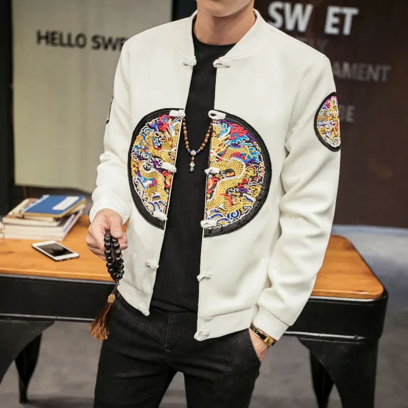 

2019 Autumn Men Coats Chinese Style Dragon Embroidery Slim Fit Bomber Jacket Classic Retro Pan Kou Long Sleeve Jackets Men 5XL-M