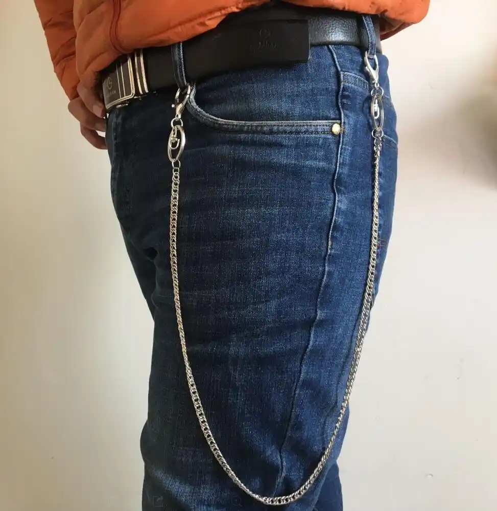 chain hanging from jeans