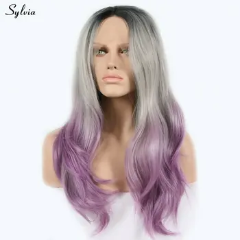 

Sylvia Natural Hairline Black Roots Ombre Silver Gray Purple Three Tone Long Hair Middle Part Cosplay Synthetic Lace Front Wigs