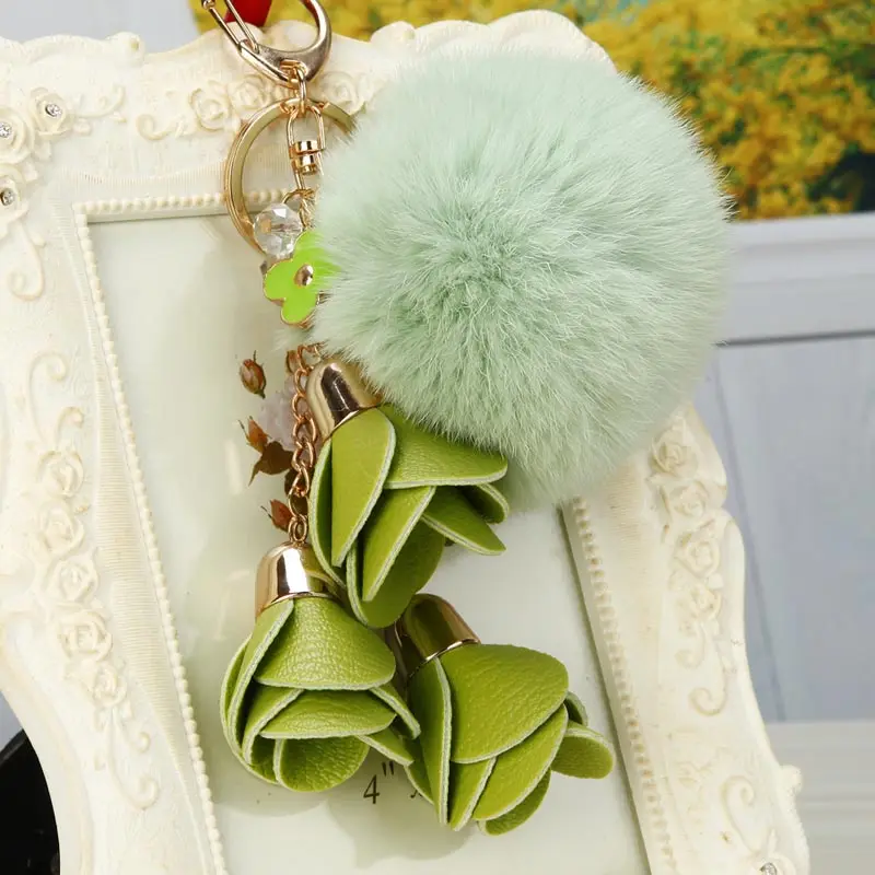 

2018 rose simple key chain Fur ball rose Keychain Pompom Artificial Rabbit Fur Animal Keychains For Woman Car Bag KeyRing rose