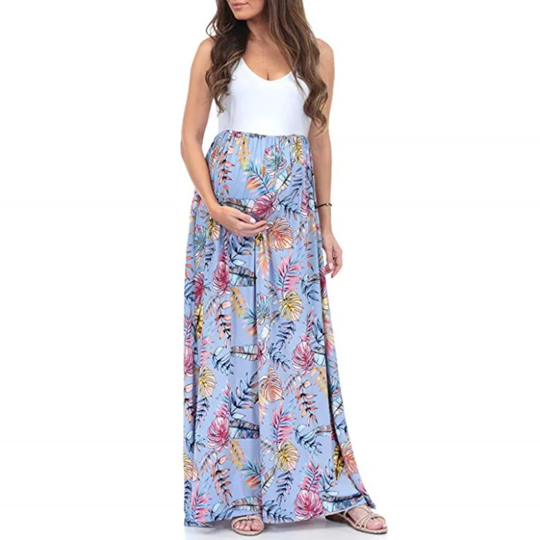 

2019 Women's Sleeveless Maternity Pregnancy clothes dress Ruched Color Block Maxi Splicing Dress ropa de mujer