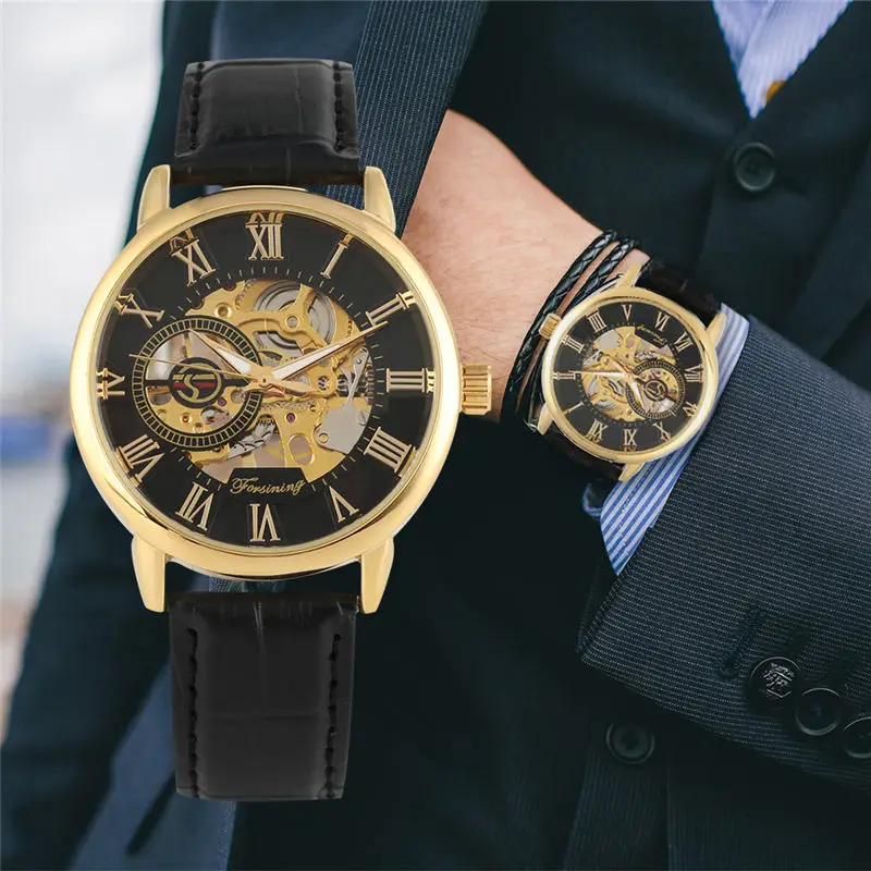 

2019 Men Mechanical Watch Lrather Band Hollow out Dial Goden Gear Transparent Automatic Mechanical Watches reloj esqueleto hombr