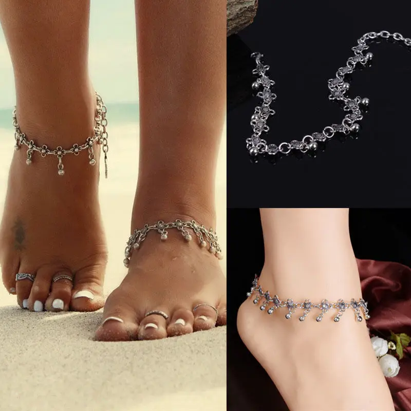 Plata Flores con campanas de Moda de Mujer Pulsera Tobillo Tobillera Playa Cadena Pie