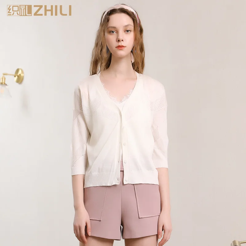 ZHILI 2019 Spring Women's Half Sleeve Lightweight Thin Cardigan Coat |