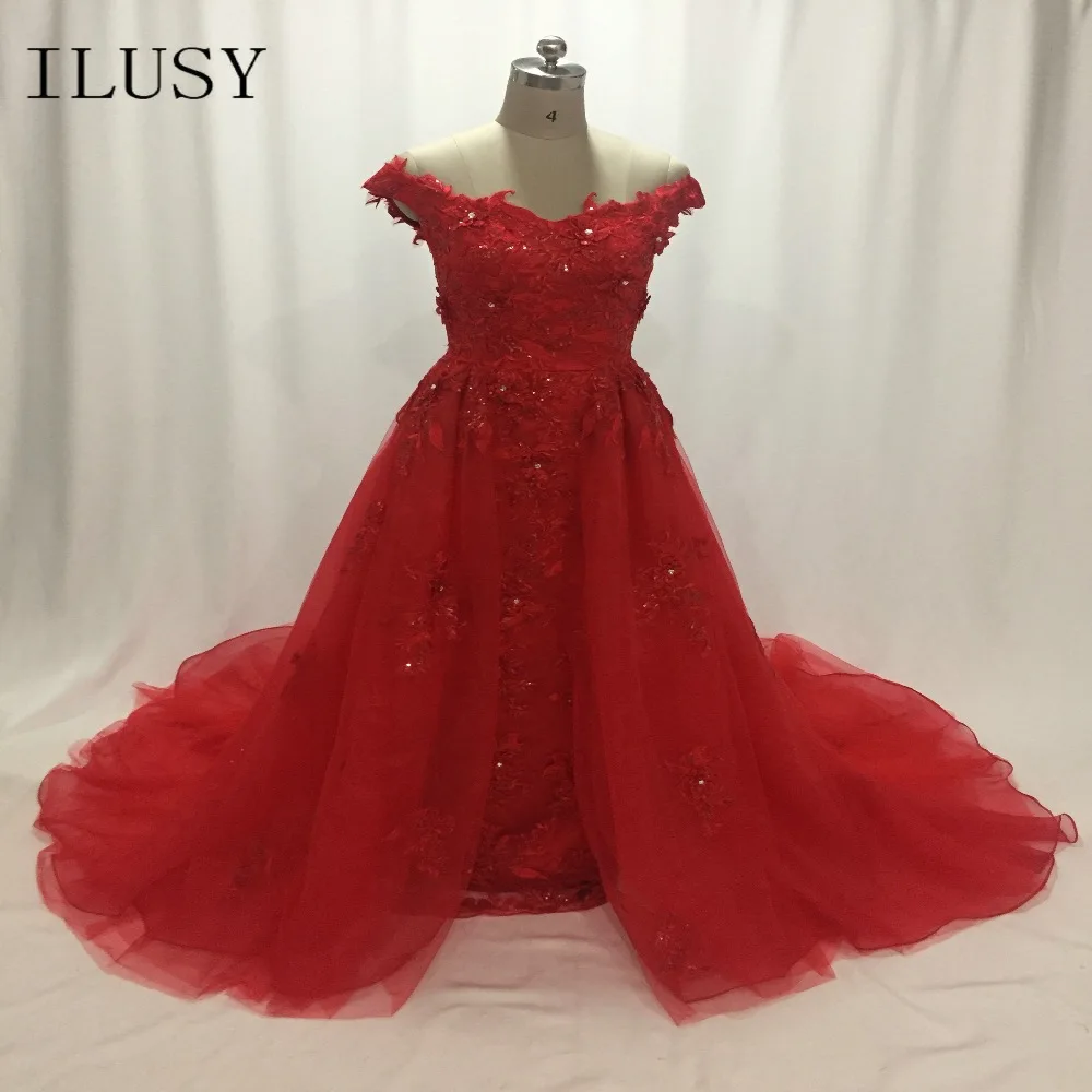 ILUSY Classic Red Evening Dress With Appliques Shiny Rhinestones
