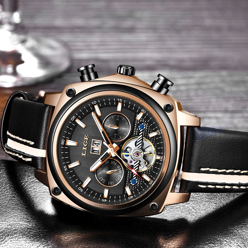 Новый 2018 LIGE роскошный скелет Tourbillon спортивные часы для мужчин автоматические