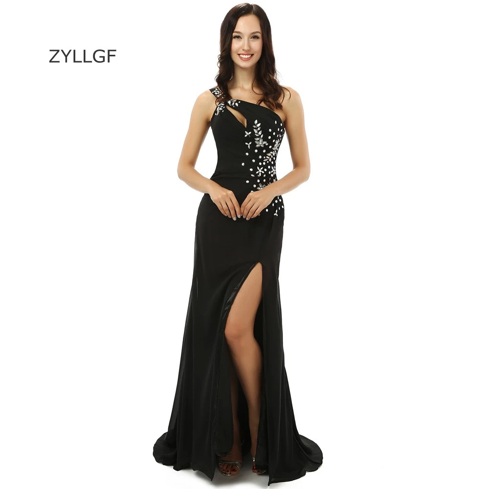 ZYLLGF Largo Negro Vestidos de Baile de Un Hombro Vestidos De Raja Del Lado Vestidos Largos Con Cristales Por Encargo ZL34|prom dresses one shoulder|black dressvestidos de egresados largos -