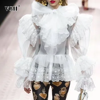 

VGH 2020 Solid Women's Shirt Double-layer Collar Puff Sleeve Sleeve Embroidery Summer Perspective Blouse Top Female Fashion New