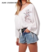 XUANCHURANWEN Ladies Tops White Embroidery Blouse Long Sleeve Cotton Women Plus Size Loose Shirts Blusas YZ8282