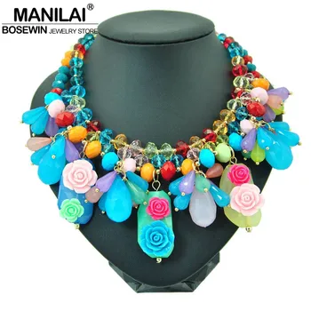 

Exaggerated Women Jewelry Fashion Crystal Beads Chain Resins Flower Necklace Statement Necklaces & Pendants For Dress CE2031