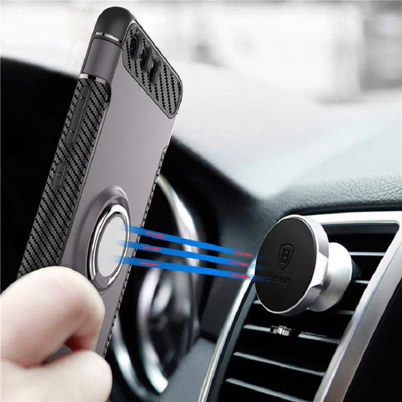 

Car Magnetic Suction Ring Holder Phone Case For Huawei P10 Plus P10 Lite,Anti-knock Carbon Fiber 3 in 1 Ring Armor Phone Cover