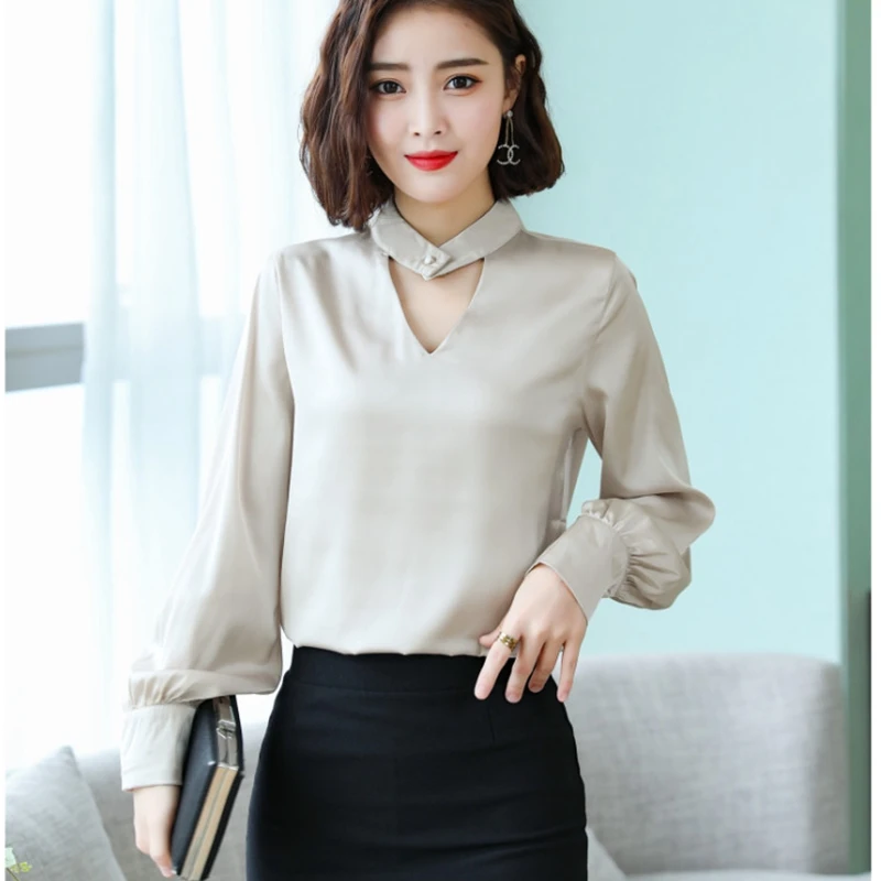 

2019 New Spring Long Sleeve Hollow Out V-Neck Satin Shirts Women Office Work Wear Satin Blouses Lady OL Hollow Out Satin Tops
