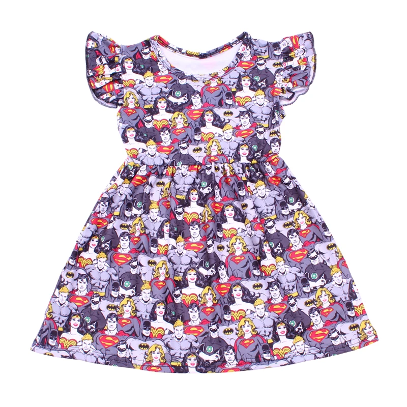 

Personalized Kids Clothings Hero Man Printed Baby Girls Characters Print Dress Flutter Sleeve Summer Cool Frcoks Design Clothes