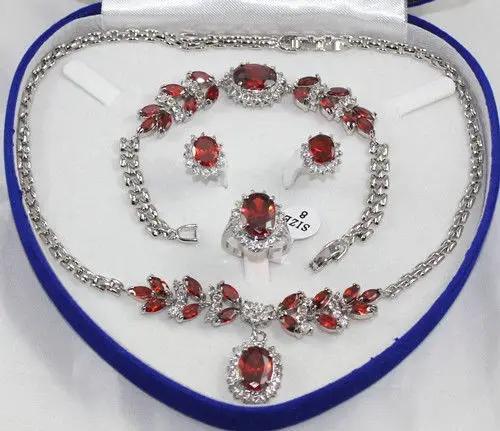 

Noblest 18K White Gold GP Inlay Red Crystal Necklace Bracelet Earring Ring Nobox
