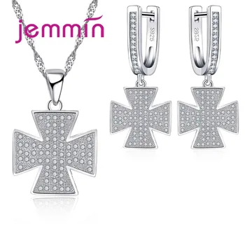 

Classic Flower Jewelry Paved Full White Crystal Cross Necklace Earrings Sets Fine 925 Sterling Silver Women Jewelry Sets
