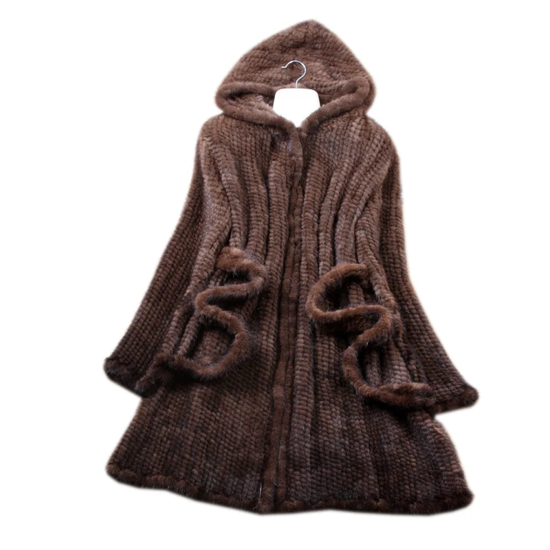 Женская Шуба из натурального меха ручной работы, вязаная норковая шуба с меховым капюшоном, зимняя меховая куртка для женщин