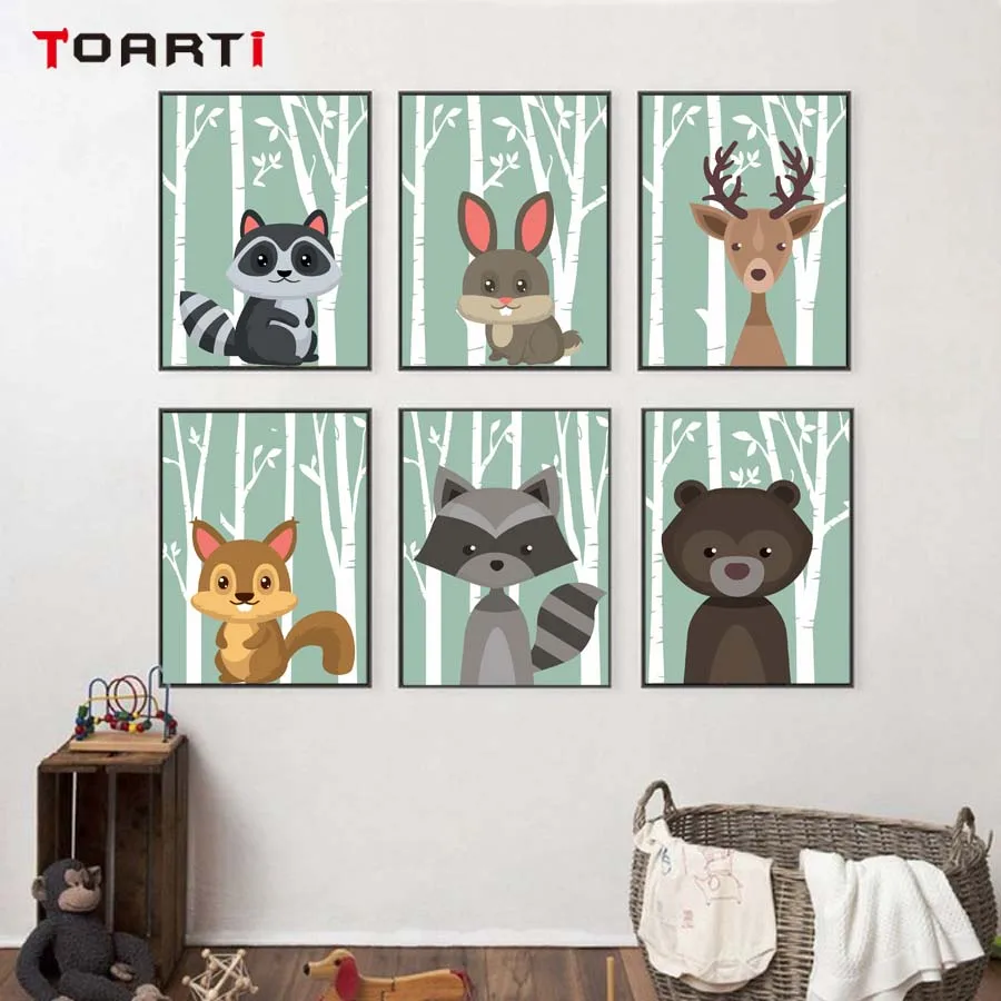 Woodland Animals Wall Art Pictures Cute Cartoon Modern Canvas Painting Nursery Vintage Posters&Prints Kids Room Home Decor Mural (2)