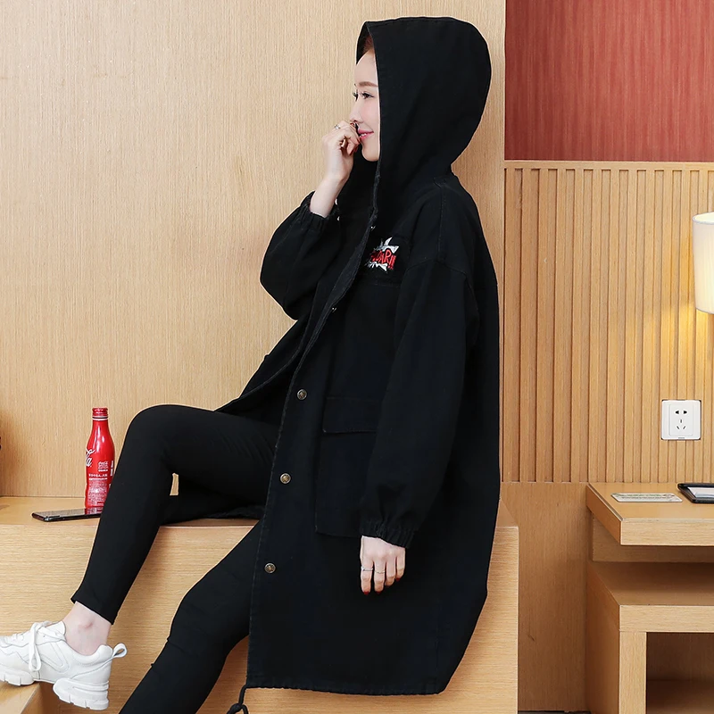 Осенне-зимняя Корейская женская черная Свободная джинсовая куртка модная джинсовая куртка с капюшоном больших размеров длинная Повседневная Верхняя одежда Топы R676