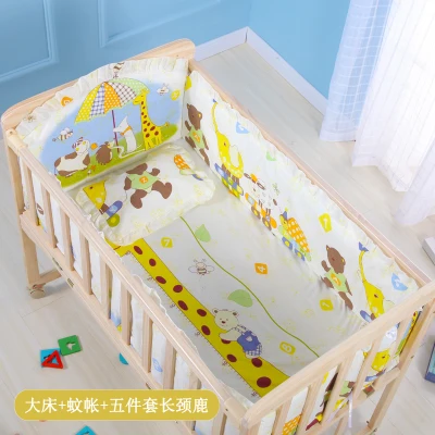 Детская деревянная кроватка с москитной сеткой детская кроватка-качалка с роликом для новорожденных детская игровая кровать компьютерный стол детская кроватка комплект постельного белья - Цвет: with net 5 beddingL2