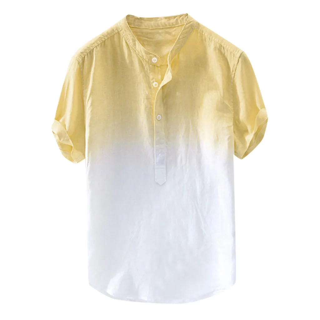 Harajuku Лето для мужчин прохладный и тонкий дышащий Стенд воротник Градиент Хлопок льняная рубашка повседневное короткий рукав блузка для м