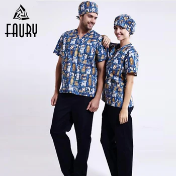 

Dog Printed Doctor Nurse Uniforms Pet Hospital Medical Scrubs Sets Short Sleeve V-neck Surgical Gowns Dental Workwear Tops Pants