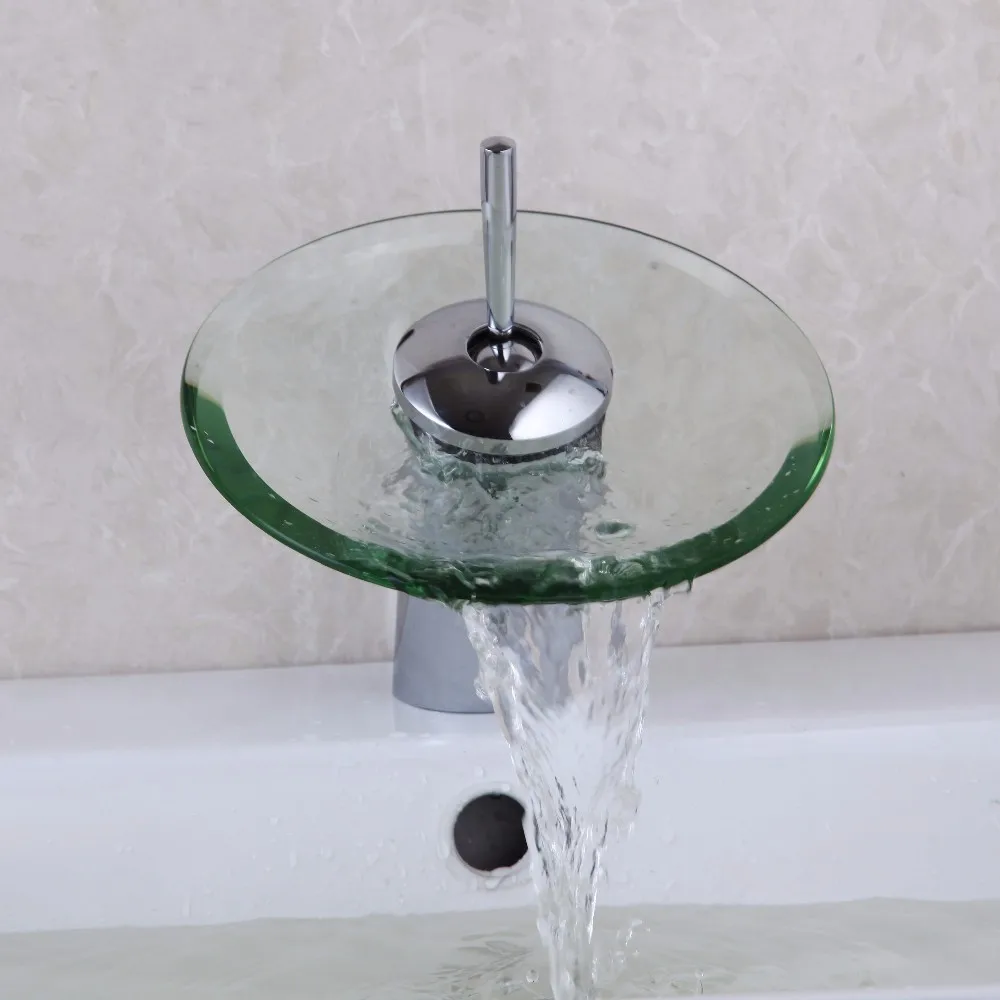 Хром полированный Твердый латунный Водопад Ванная раковина сосуд стекло отличное качество смеситель кран