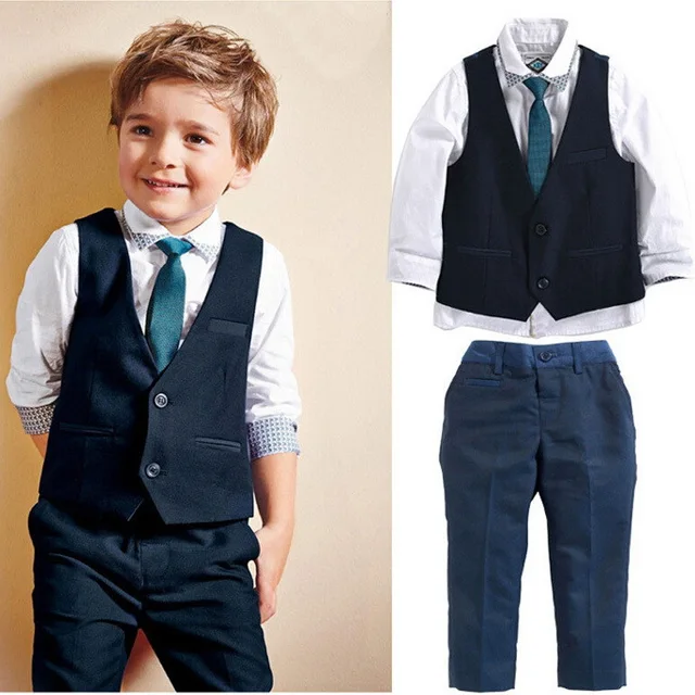 Fashion boy spring autumn vest + shirt with tie + jeans suits baby