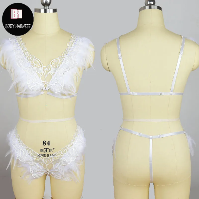 

White Fearhers Lace Harness Bra Angel Wings Body Harness Bondage Gothic Cage Lingerie Adjust Festival Rave Wear Goth Body Harnes