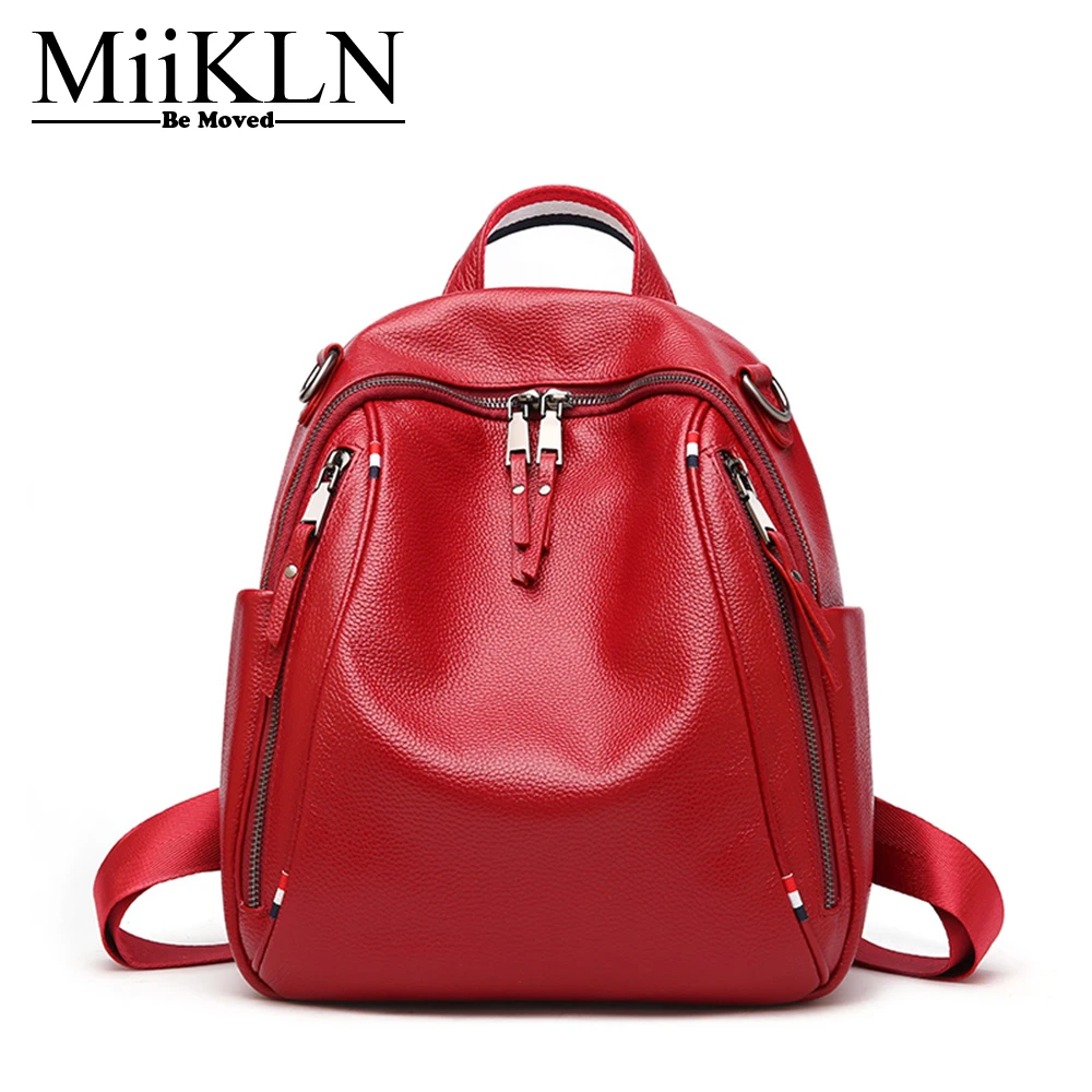 

MiiKLN Black Red Zipper Fashion Women Travel Shopping Backpack Genuine Leather Ladies Cow Leather Backpack