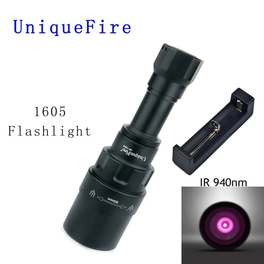 

UniqueFire 1605 IR 940NM LED Flashlight 50mm Lens Infrared Light Night Vision Troch 3 Mode Rechargeable with Charger For Hunting