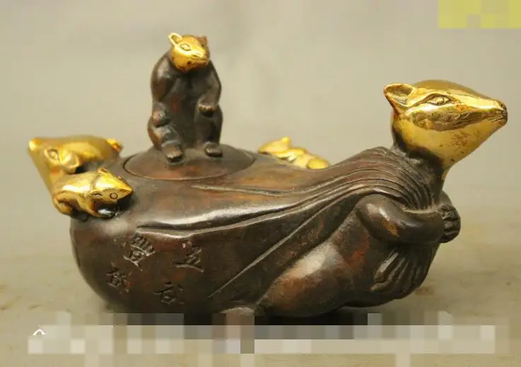 

S03928 8" Chinese FengShui Bronze Gilt 5 Zodiac Mouse Carry Money Bag Statue Sculpture (A0321)