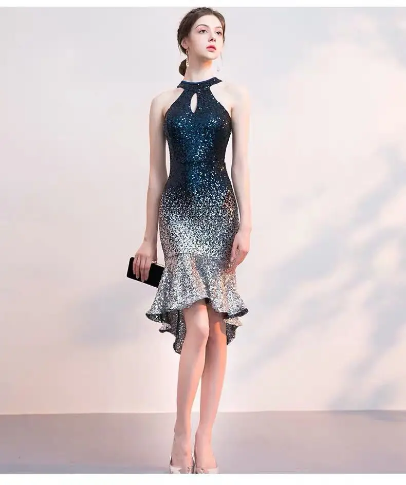 Sequin Prom Dress Short Front Long Back Sparkle New Elegant Party Dress Women Halter Sexy gown