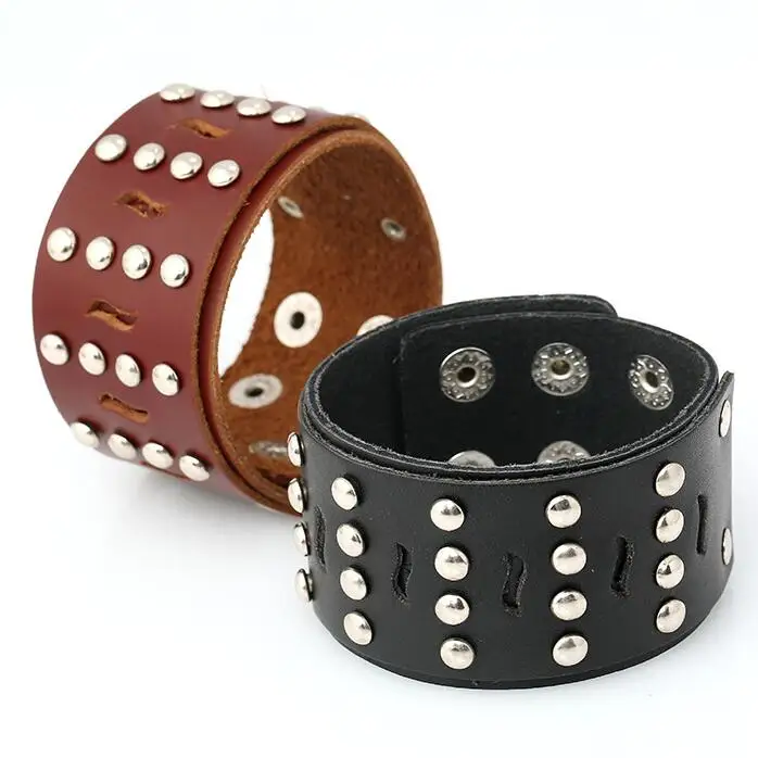 

Punk Gothic Silver Rivets Men Wristband Bead Charm Wide Genuine Leather Cuff Bracelet Adjustable Women Biker Bangle Jewelry Gift