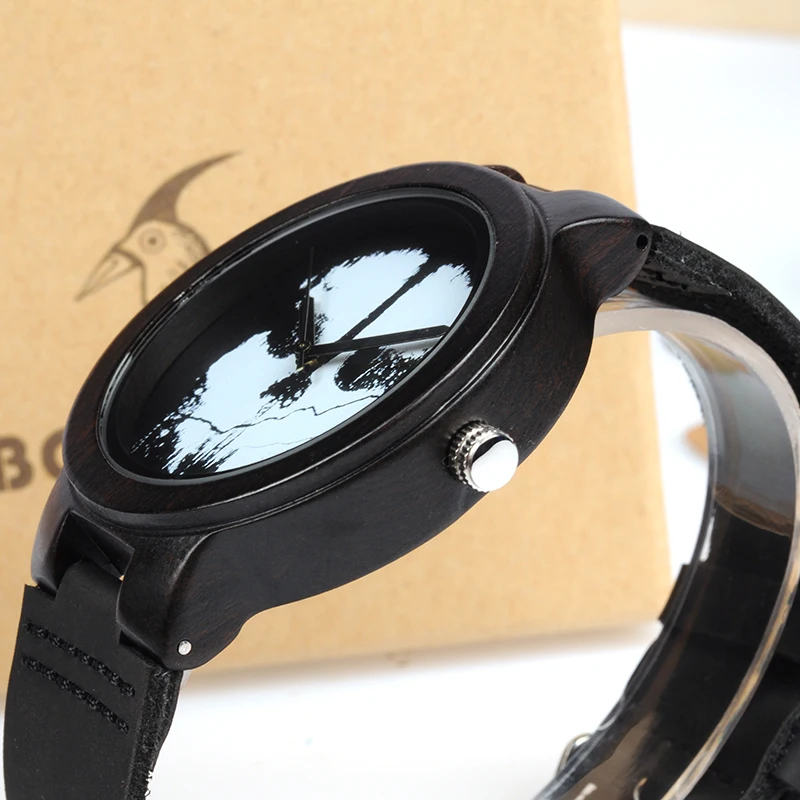 BOBO BIRD WD24 Ebony Wooden Watch for Men Cool Skull Printing Dial Face Quartz Watches accept OEM Drop Shipping