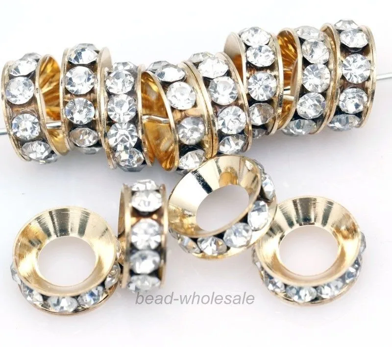 

15pcs Rhinestone Crystal Rondelle Gold Silver Spacers Beads Fit European Charm Bracelets Big Hole Bead for DIY Jewelry Making