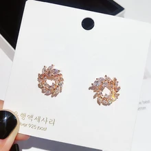 Изысканные серьги-гвоздики с фианитами и кристаллами в виде листьев цвета розового золота, серьги с кубическим цирконием для женщин, ювелирные изделия в подарок