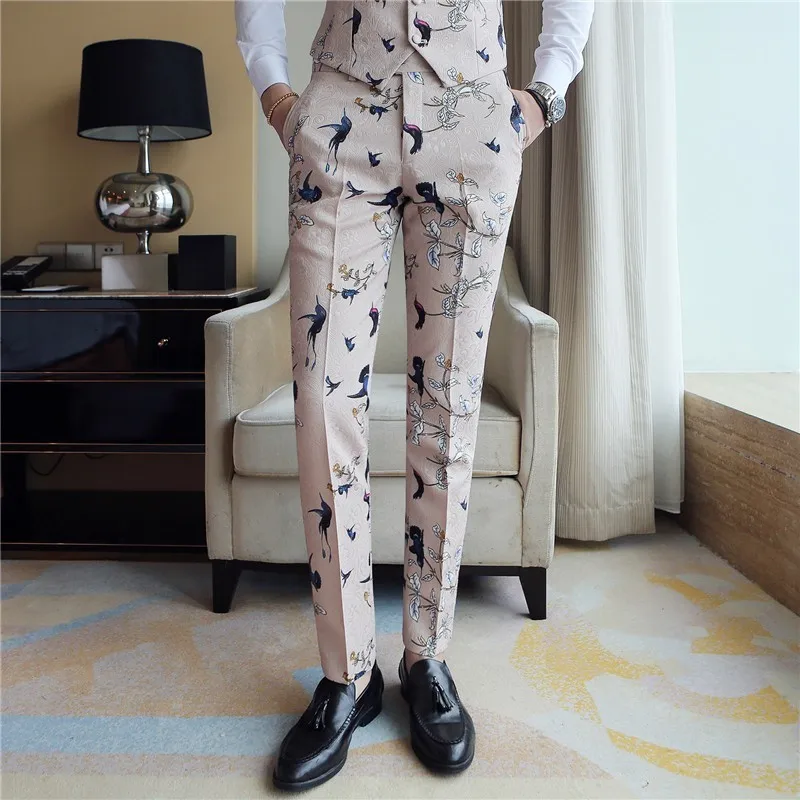 

2019 Casual Pants Night Club Dress Pants Flora Print Trousers Mens Pantalon Homme Slim Fit Chinese Style Printing Dress Pant