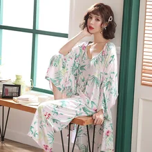 Женский сексуальный халат и платье, набор, для сна, девятый, штаны+ халат+ солнцезащитный Топ, 3 предмета, 11 цветов, халат, одежда для сна, комплекты, для женщин, для сна, для отдыха