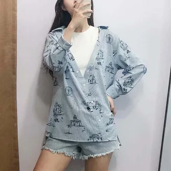 

Summer women's shirt casual striped print fake two-piece shirt