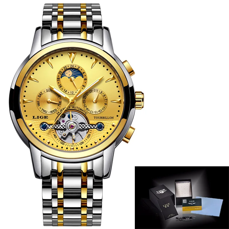 Новинка LIGE мужские часы топ люксовые бренды Золотые механические часы мужские спортивные водонепроницаемые полностью стальные деловые часы Relogio Masculino - Цвет: Steel All Gold
