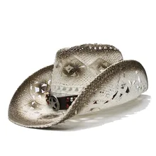 LUCKYLIANJI Ретро Женская Мужская Летняя Соломенная пляжная с широкими полями Ковбой Западный Женская Ковбойская шляпа полый Звездный знак кожаный ремешок(58 см