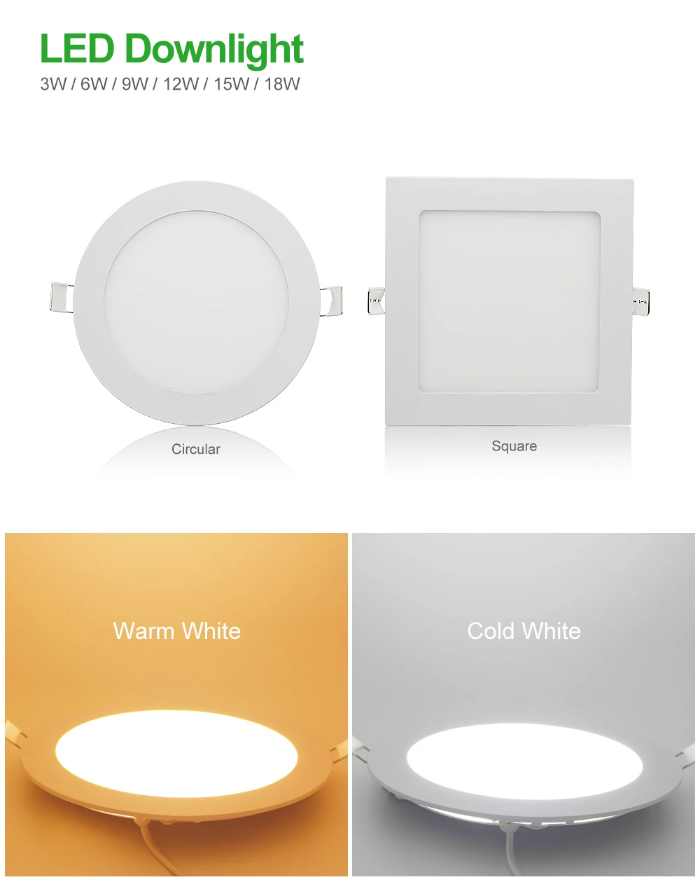 LED Downlight Square Round Lamp 3W 6W 9W 12W 15W 18W Dimmable Ceiling Recessed Bulb AC 85-265V SMD 2835 Panel Light With Driver