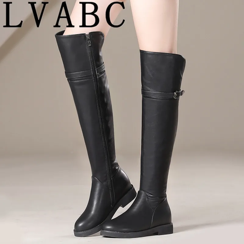 LVABC New Winter PU Leather Women Knee-High Boots square Heel Round Toe Sexy Ladies Women Shoes Black Snow Motorcycle Boots