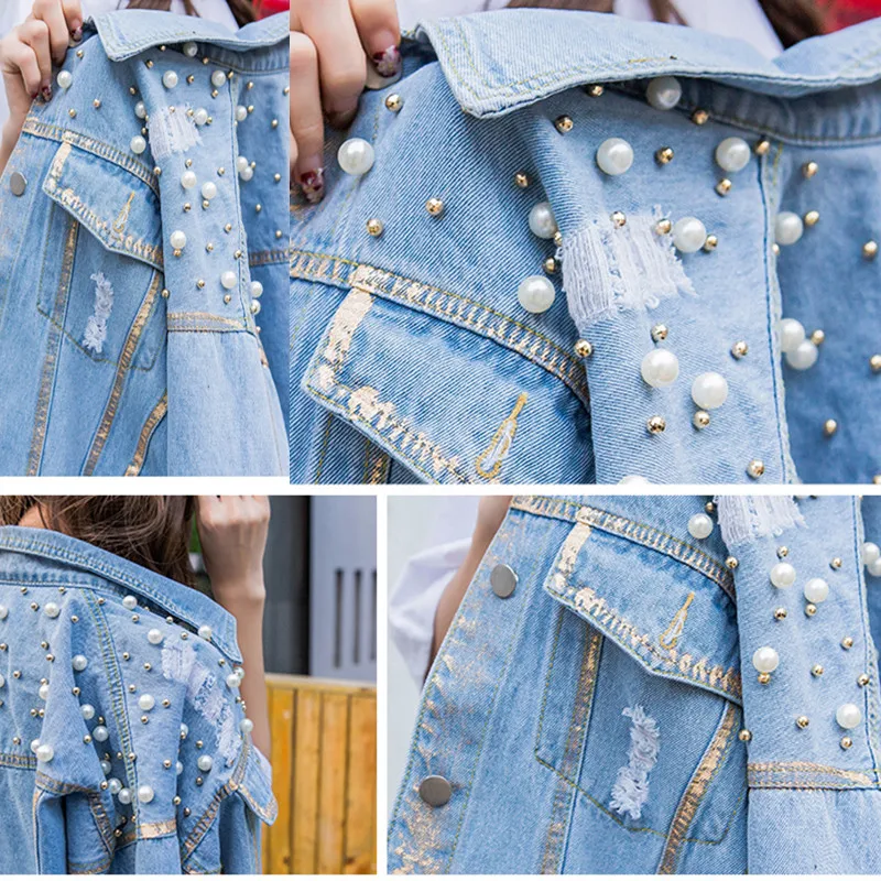 Vintage Blue Women Basic Denim Jacket With Pearls Beading 2018 Autumn Long Sleeve Oversized Jeans Coats Loose Female Top Outwear