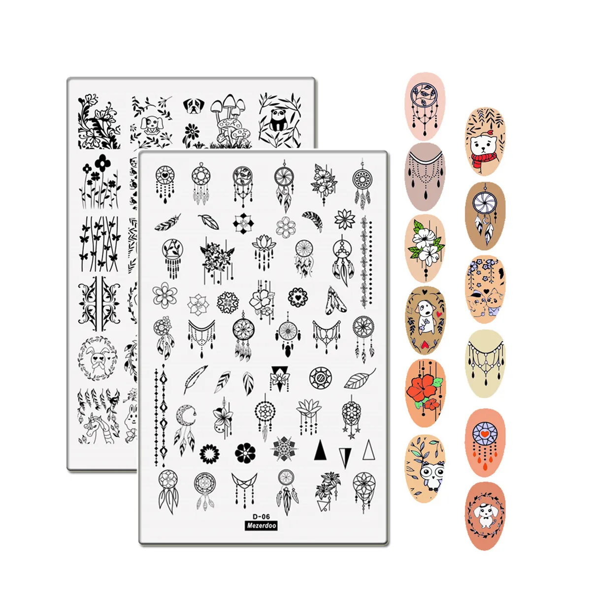 

2Pcs/Set Dream Catcher Stamping Template Big Size Flower Cute Cat Owl Crown Queen Feather Chains Nail Art Image Stamping Plates