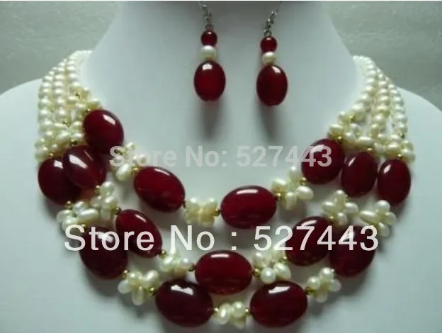 

Wholesale 3Row white pearl red jade necklace earrings nk35gj (A0423) -Bride jewelry free shipping