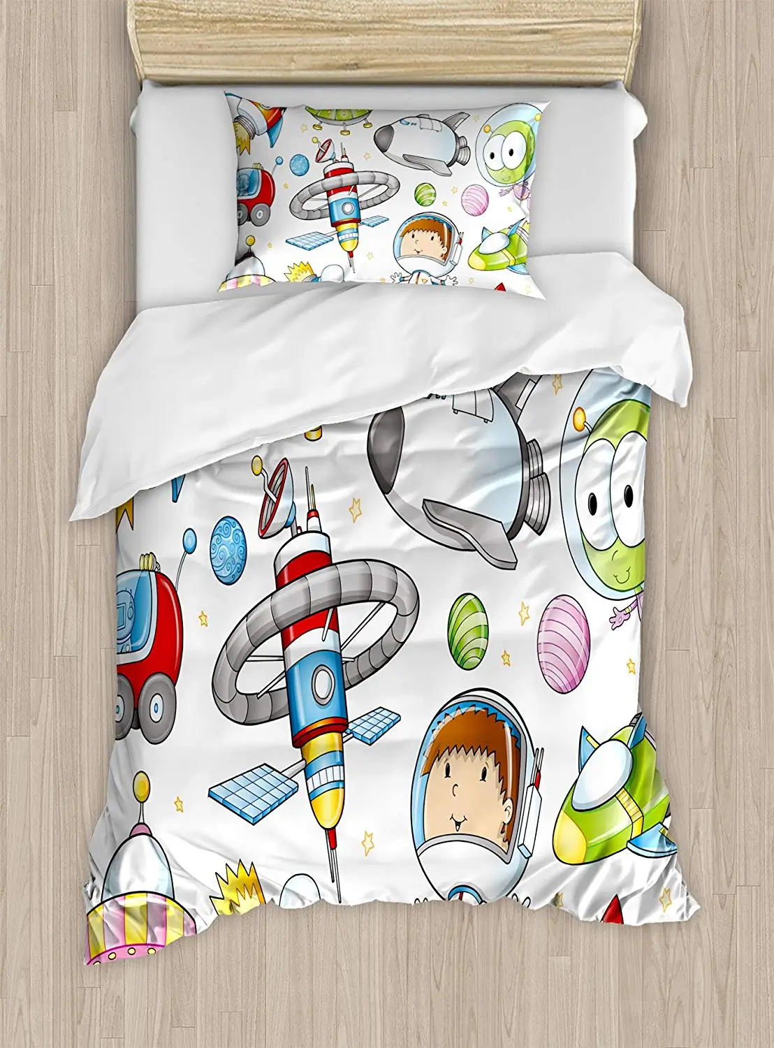 

Cute Cartoon Space Ship Astronaut Alien and Planets Fun Science Educational, Set with 2 Pillow Sham